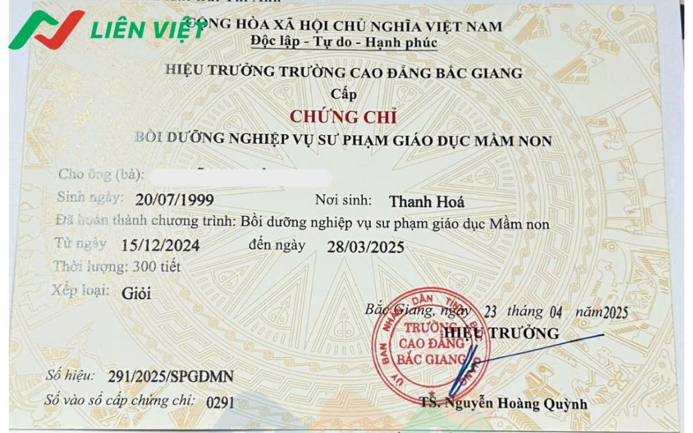 Mẫu chứng chỉ nghiệp vụ sư phạm mầm non 2025