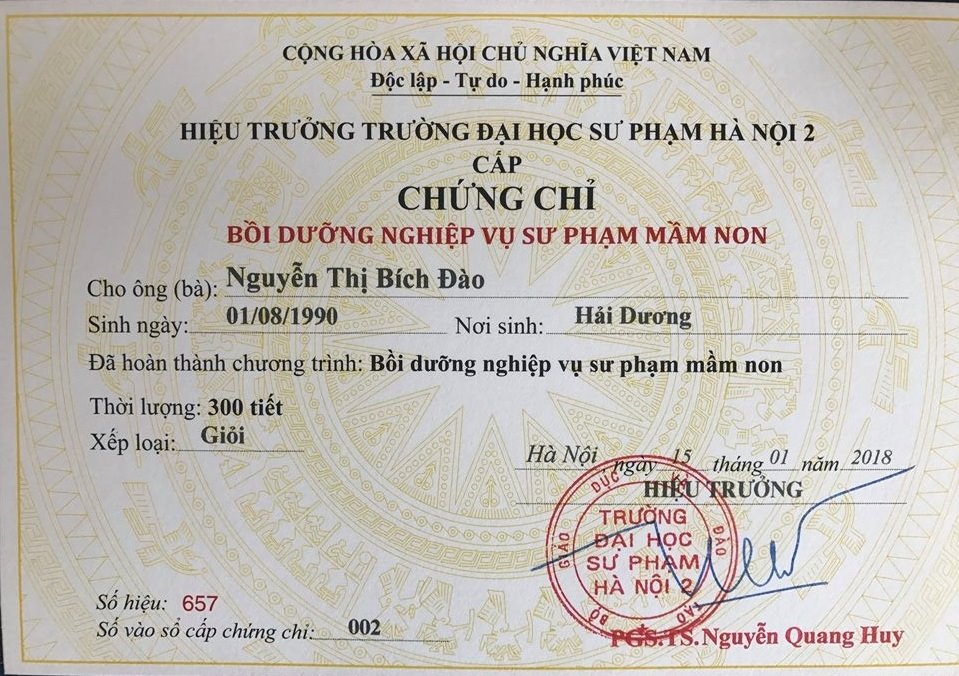 Mẫu chứng chỉ nghiệp vụ sư phạm mầm non