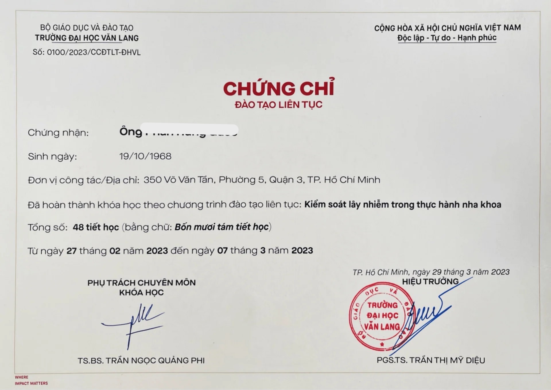 Mẫu chứng chỉ CME cấp bởi Trường đại học Văn Lang