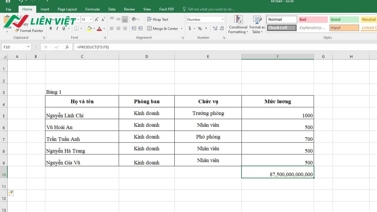 Hàm PRODUCT kế toán về toán học để tính tổng lương của nhân viên