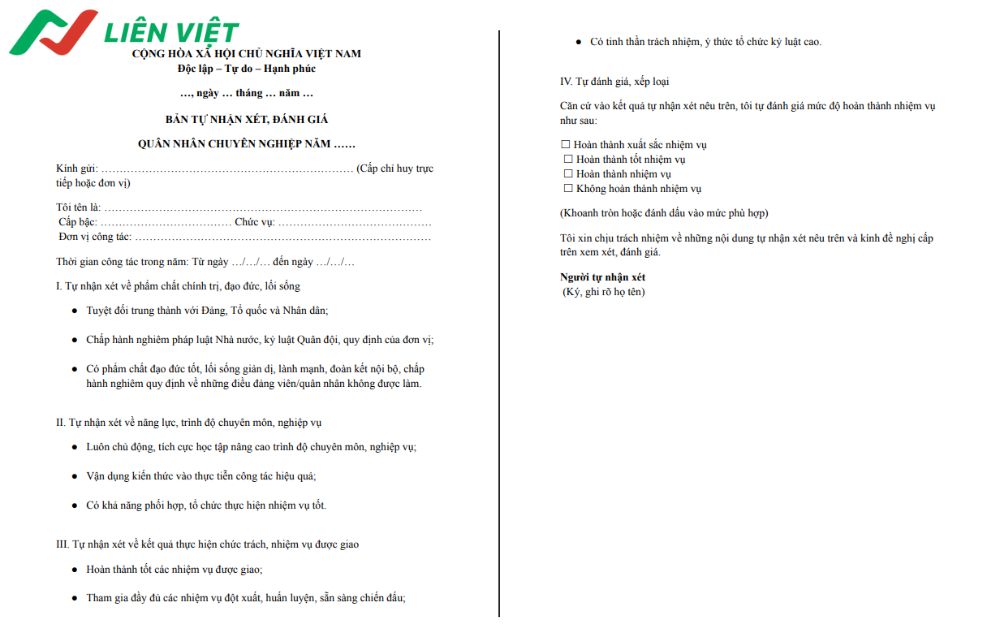 Mẫu tự nhận xét đánh giá quân nhân chuyên nghiệp