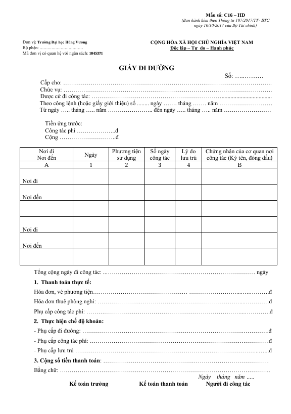 Giấy đi đường theo thông tư 107