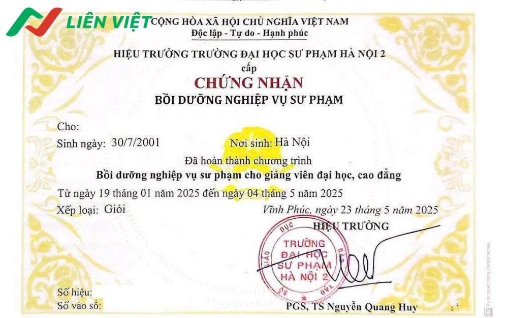 Mẫu chứng chỉ nghiệp vụ sư phạm 2025