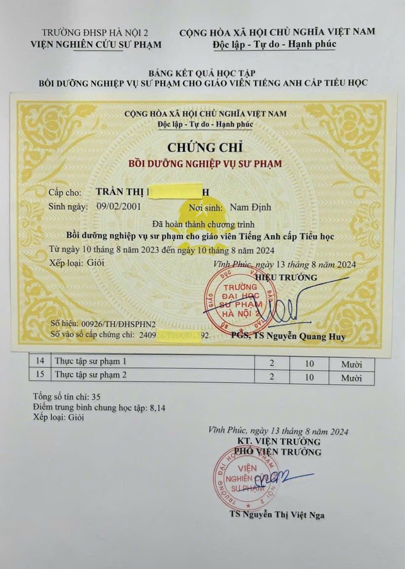Chứng chỉ nghiệp vụ sư phạm Tiếng Anh tiểu học