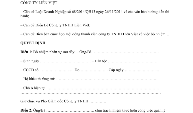 3 Mẫu Quyết định bổ nhiệm Phó Tổng giám đốc 2026