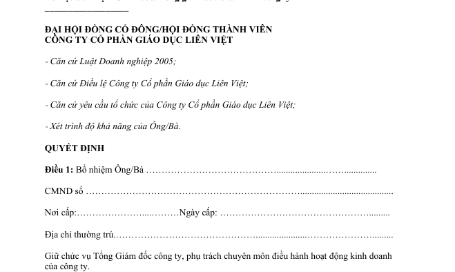 Mẫu Quyết định bổ nhiệm Tổng giám đốc mới nhất 2026