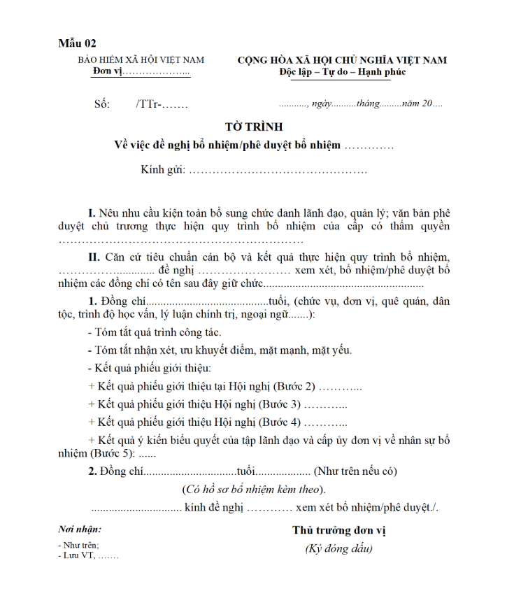 Mẫu tờ trình bổ nhiệm kế toán trưởng