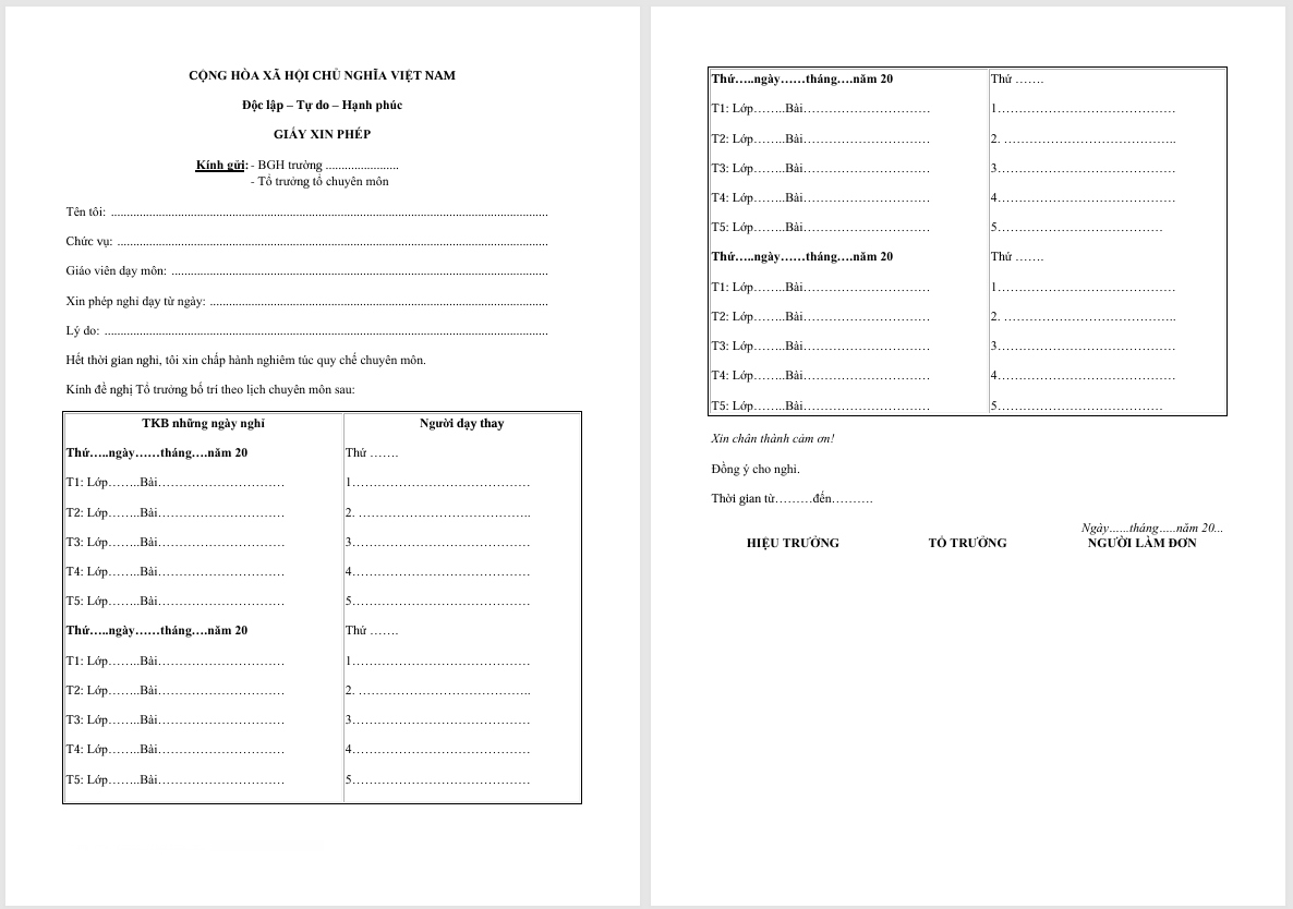 Mẫu đơn xin nghỉ phép của giáo viên file Word