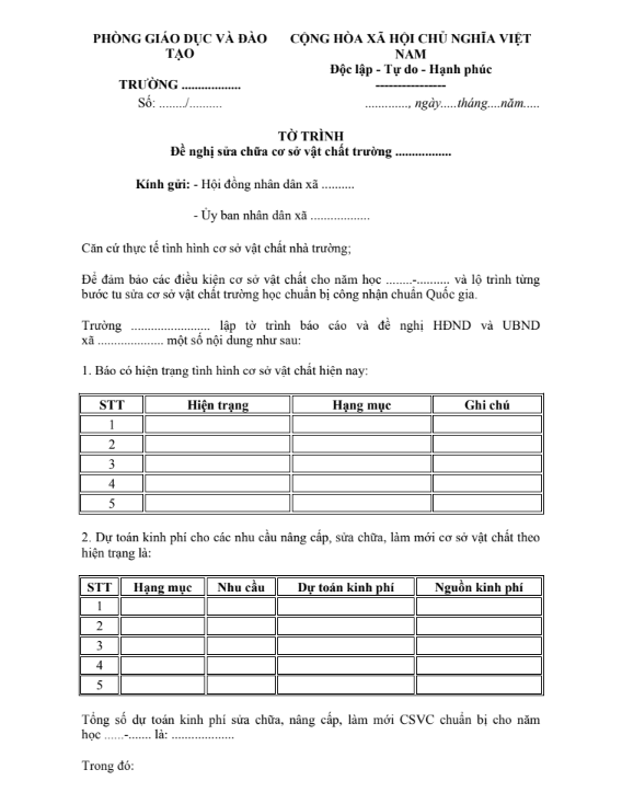 Mẫu tờ trình sửa chữa cơ sở vật chất trường học số 3