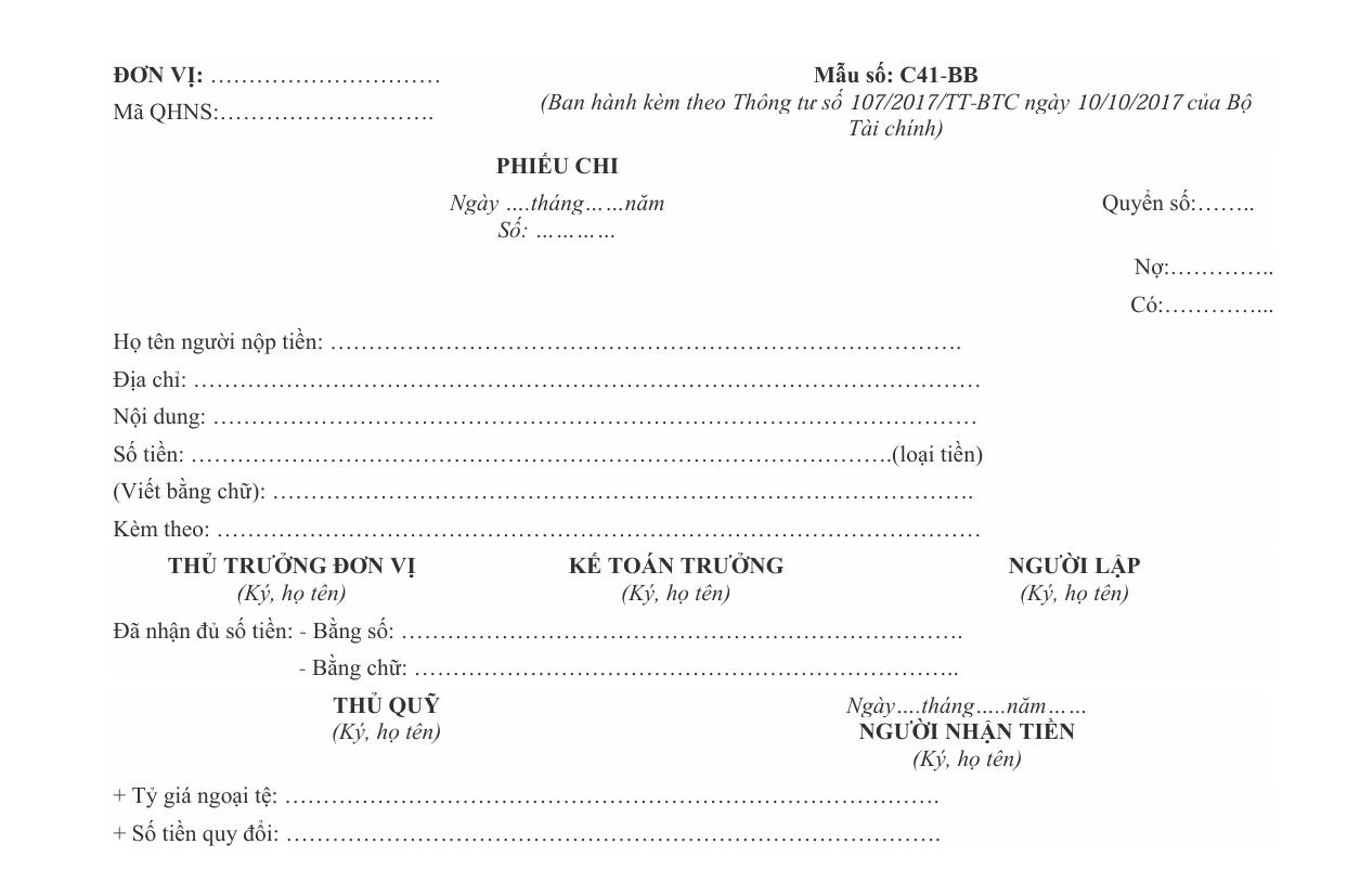 Mẫu Phiếu Chi theo Thông tư 107 (Mẫu C41-BB)