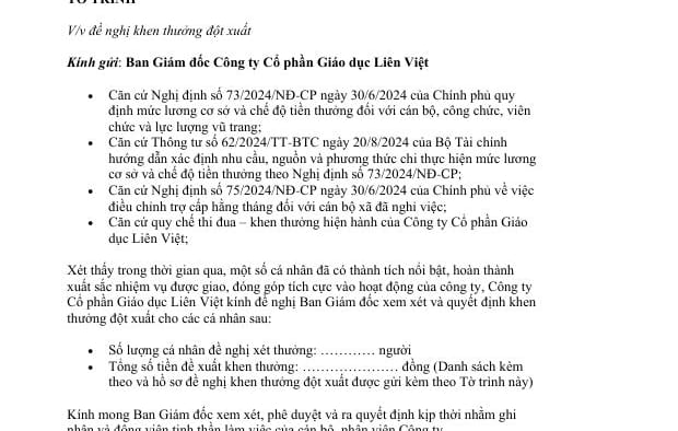 Tải mẫu tờ trình khen thưởng đột xuất mới nhất file Word