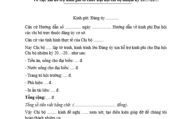 Tải mẫu tờ trình xin kinh phí Đại hội Chi bộ 2026