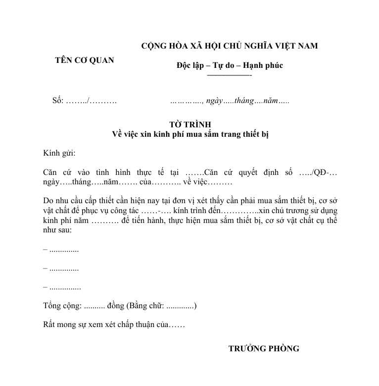 Tờ trình xin kinh phí mua sắm trang thiết bị