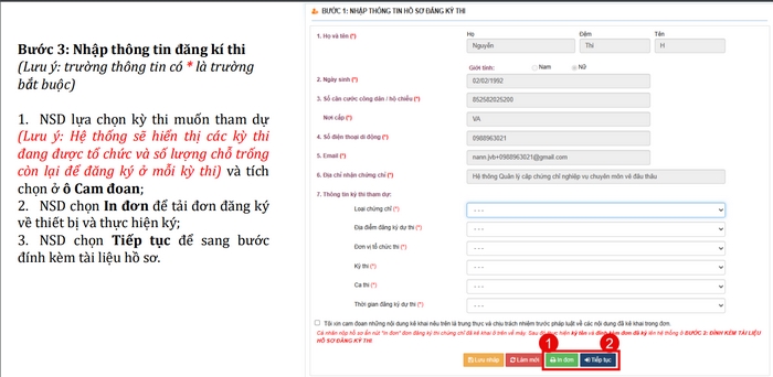 Các thông tin bạn cần nhập khi đăng ký dự thi cấp chứng chỉ nghiệp vụ đấu thầu trên hệ thống chungchidauthau.mpi.gov.vn