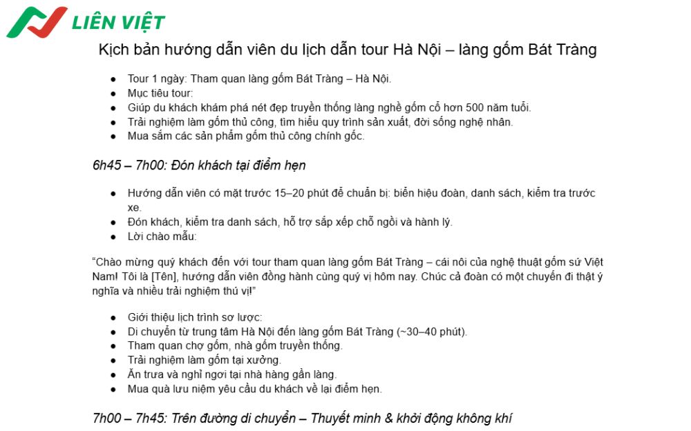 Mẫu kịch bản hướng dẫn viên du lịch tour trong ngày từ Hà Nội – làng gốm Bát Tràng