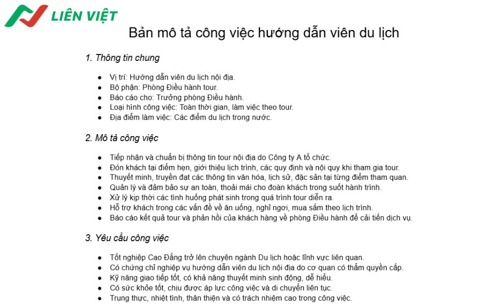 Bản mô tả công việc hướng dẫn viên du lịch nội địa