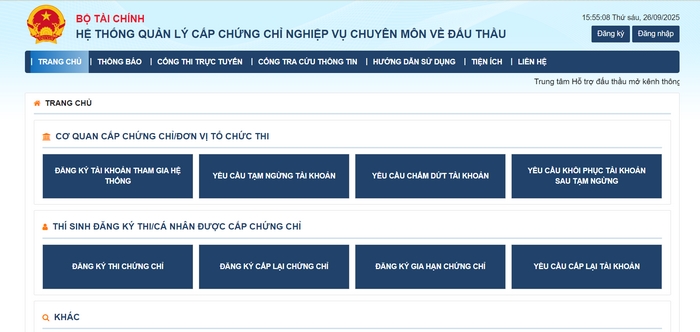 Hệ thống quản lý cấp chứng chỉ nghiệp vụ đấu thầu hiện đã tiếp nhận nộp hồ sơ, đăng ký thi chứng chỉ nghiệp vụ đấu thầu