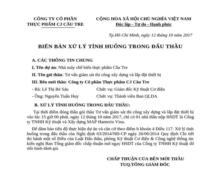 Gợi ý mẫu biên bản xử lý tình huống trong đấu thầu