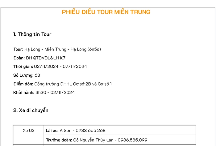 Mẫu phiếu điều tour chứa các thông tin quan trọng để vận hành một tour du lịch miền Trung