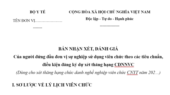Mẫu bản nhận xét đánh giá viên chức thăng hạng cấp II lên I, hạng III lên II