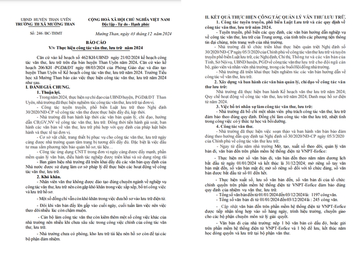 Nội dung của mẫu báo cáo công tác văn thư - lưu trữ trường học năm 2024