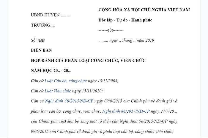 Nội dung của biên bản đánh giá viên chức cuối tháng