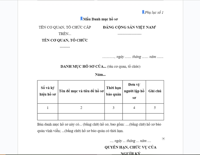 Nội dung danh mục hồ sơ văn thư lưu trữ Phụ lục số 1 hướng dẫn 17-HD/VPTW năm 2016