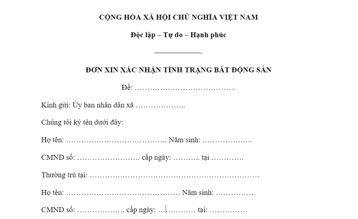 Nội dung của mẫu đơn xin xác nhận tình trạng bất động sản