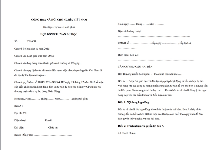 Nội dung của hợp đồng tư vấn du học tham khảo