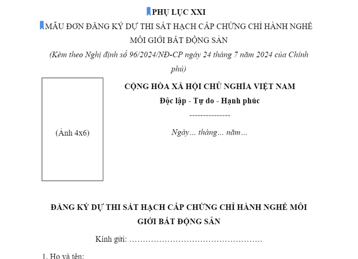 Nội dung chính của mẫu đơn đăng ký thi chứng chỉ hành nghề môi giới bất động sản