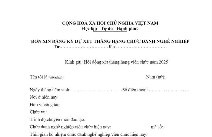 Bản mẫu đơn xin xét thăng hạng viên chức cơ bản