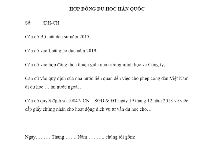 Nội dung mẫu hợp đồng tư vấn du học Hàn Quốc
