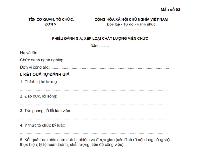 Nội dung có trong phiếu đánh giá xếp loại chất lượng viên chức