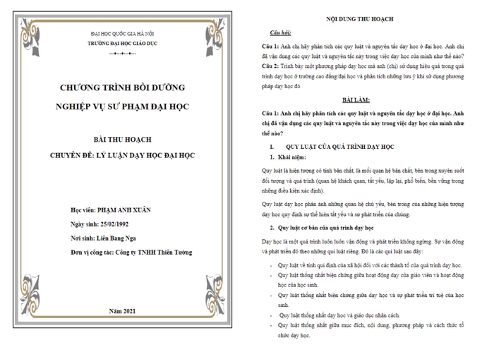Một mẫu bài thu hoạch môn Lý luận dạy học đại học