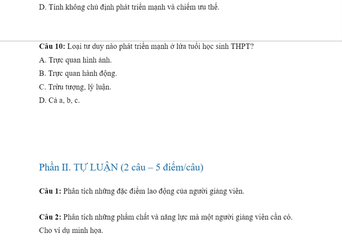 Mẫu đề thi môn tâm lý học giáo dục