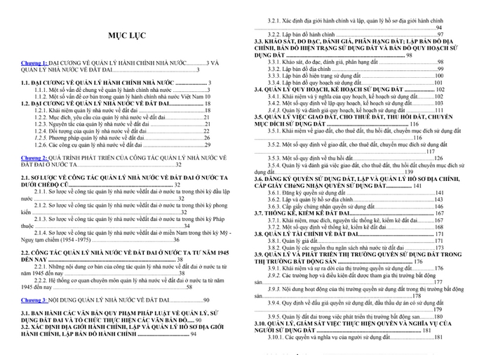 Mục lục các nội dung chính của Giáo trình quản lý nhà nước về đất đai