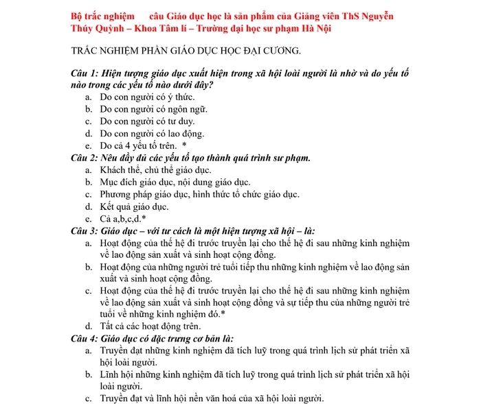 Bộ câu hỏi trắc nghiệm “Giáo dục học đại cương” bạn có thể tham khảo để ôn tập kiến thức môn cuối học phần