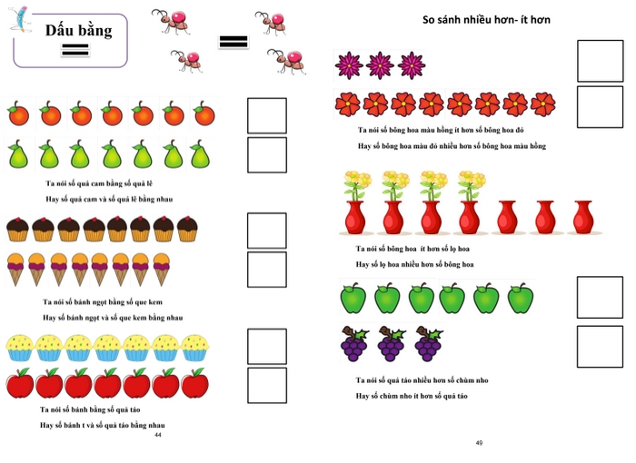 File toán tiền tiểu học về so sánh giúp trẻ làm quen với khái niệm nhiều – ít, lớn – bé và các ký hiệu =, < và >