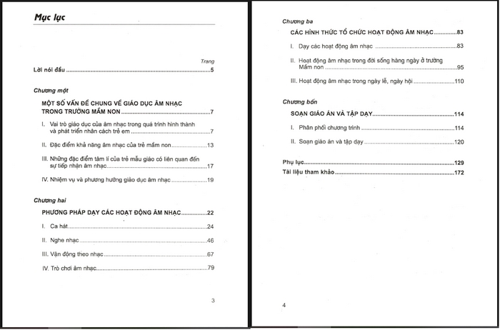 Danh mục nội dung của chương 2 và 3 của Giáo trình phương pháp giáo dục âm nhạc cho trẻ mầm non