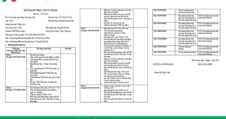 mẫu kế hoạch thực tập sư phạm