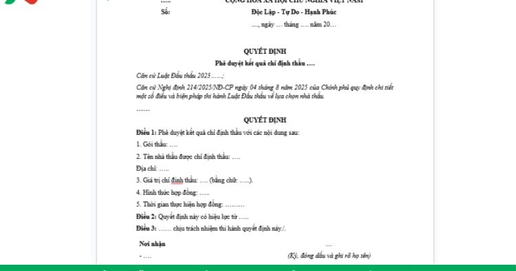 mẫu quyết định chỉ định thầu rút gọn